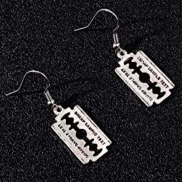 Silver Fake Razor Blade Earrings Punk Gothic Dangle - Picture 2 of 4